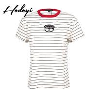 Vogue Simple Student Style Printed Scoop Neck Cartoon Summer Casual Short Sleeves Stripped T-shirt -