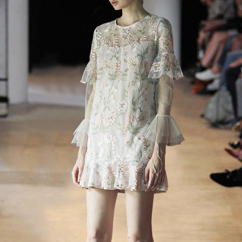 My Stuff, Vogue Fresh Seen Through Embroidery A-line 9/10 Sleeves Spring Frilled Dress - Bonny YZOZO
