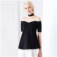 Amoi hang elegant heart sexy strapless neck neck a solid color short sleeve t-shirt blouse 8001 - Bo