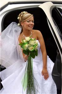 Hair & Beauty. White dress and wedding car