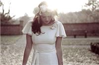 wedding dress, cap sleeves, sash, floral crown