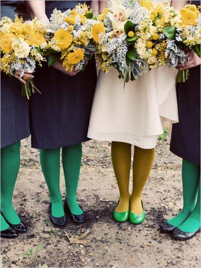 Bridesmaids, bridesmaids, tights, coloured, bouquet, yellow, green, navy