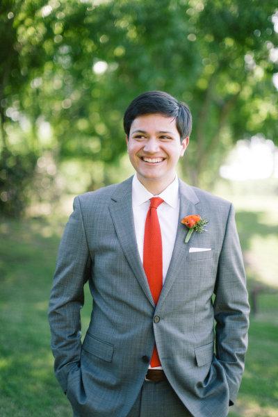 All Things Groom, groom, suit, grey, orange, tie, boutonniere