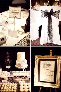 Miscellaneous. Black and white theme, sashes, seat covers, dessert, sign