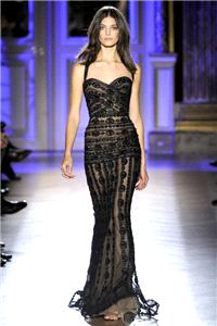 Attire. Zuhair Murad, Couture, 2012, fashion, dress, black, lace, sheer, nude, long, fitted, bodice,