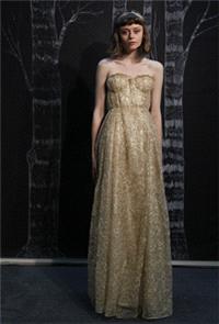 Attire. dress, gold, Sarah Seven, full length, strapless