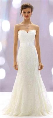 Attire. wedding dress, white, sash, lace, strapless, sweetheart neckline