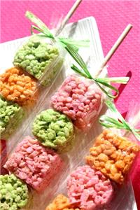 Cakes. Simple, budget-friendly idea for a candy buffet - Rice krispie cubes on skewers!