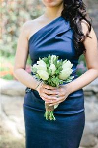 Attire. bridesmaid, blue, satin, asymmetrical, bouquet