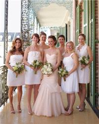 Attire. bridesmaid, white, dress, bouquet, cocktail