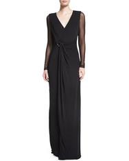 Hair & Beauty. Halston Heritage Sheer-Sleeve V-Neck Evening Black Gown