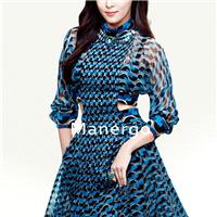 2017 temperament perspective of the small stand collar long sleeve print dresses, sexy high waist lo