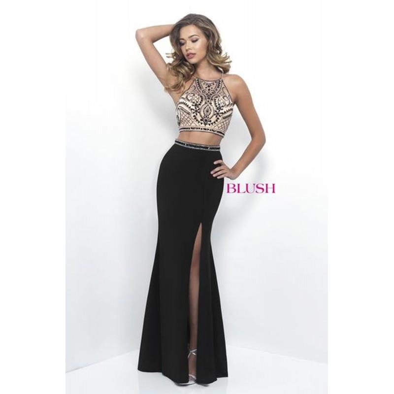 My Stuff, Blush 11261 Prom Dress - Long 2 PC, Crop Top, Fitted Prom Blush Halter, Illusion Dress - 2