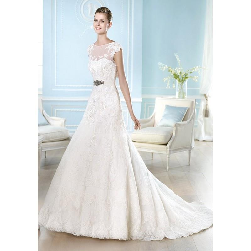 My Stuff, A line Bateau Neck Lace Floor Length Chapel Train Wedding Dress With Sash/ Ribbon - Compel