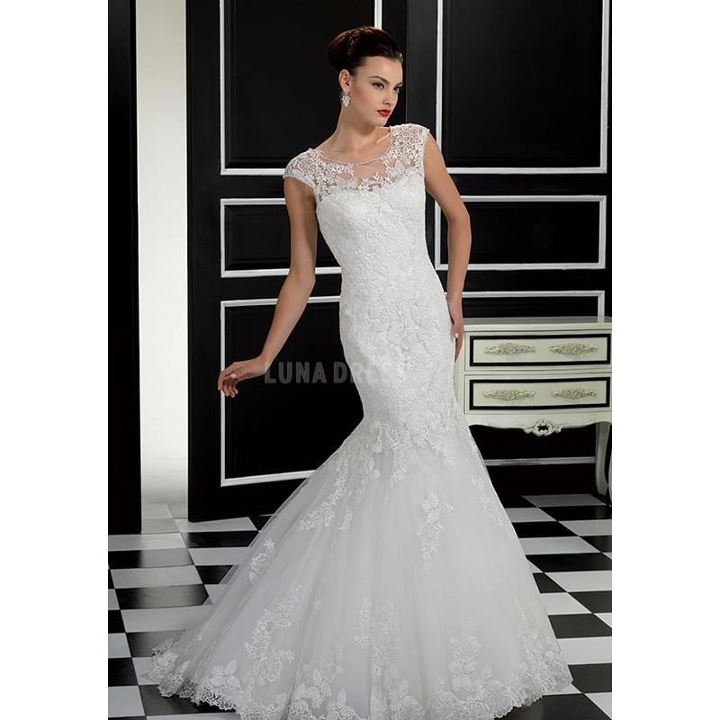 My Stuff, Retro Mermaid Lace Floor Length Jewel Neck Wedding Dress With Appliques - Compelling Weddi