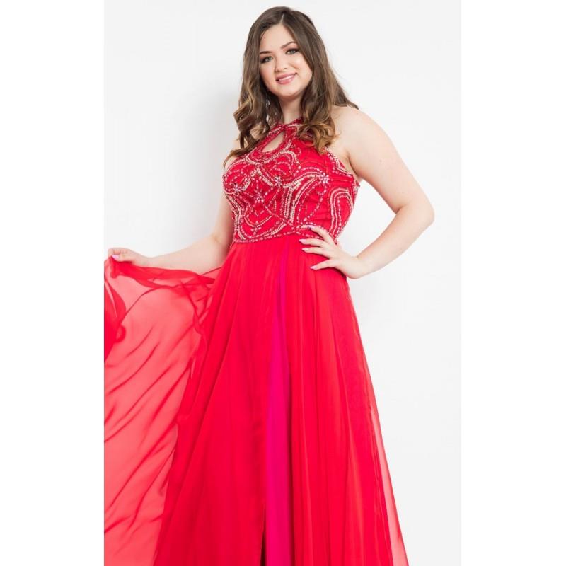 My Stuff, Red/Fuchsia Beaded Halter Chiffon Gown by Rachel Allan Curves - Color Your Classy Wardrobe