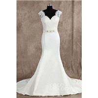 Chic Trumpet-Mermaid V-Neck Train Satin Ivory Sleeveless Open Back Wedding Dress with Sashes b14a006