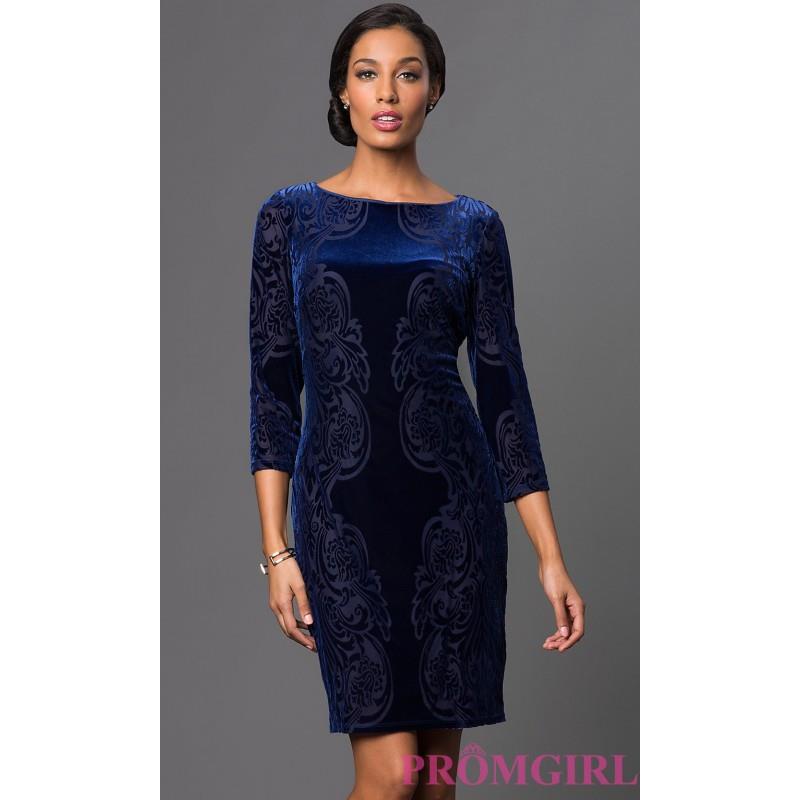 My Stuff, Short Royal Blue Print Suede Dress with Three Quarter Length Sleeves by Marina - Discount