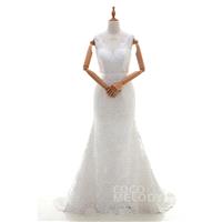 Fantastic Sheath-Column V-Neck Natural Sweep-Brush Train Lace Sleeveless Zipper Wedding Dress with S
