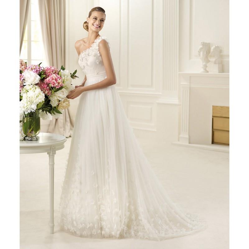 My Stuff, Elegant A-line One Shoulder Hand Made Flowers Sweep/Brush Train Tulle Wedding Dresses - Dr