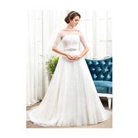 A-Line/Princess Off-the-Shoulder Chapel Train Tulle Wedding Dress With Ruffle Beading - Beautiful Sp