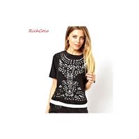 Fashion filigree laser fake two piece chiffon shirt with short sleeves color mosaic D295 - Bonny YZO