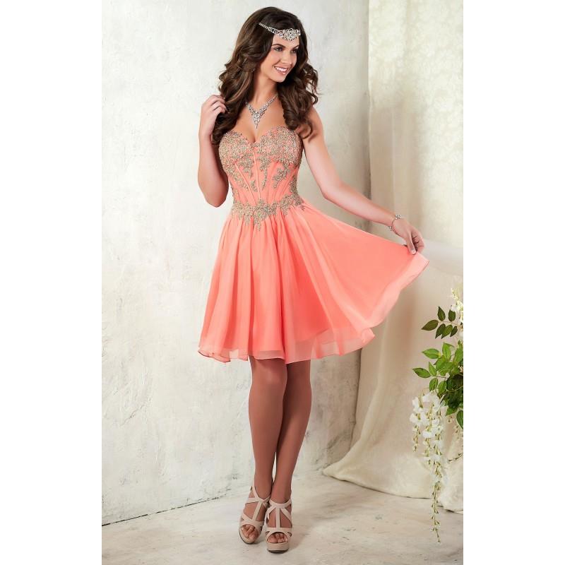 My Stuff, Coral/Gold Damas 52408 - Short Chiffon Corset Back Dress - Customize Your Prom Dress
