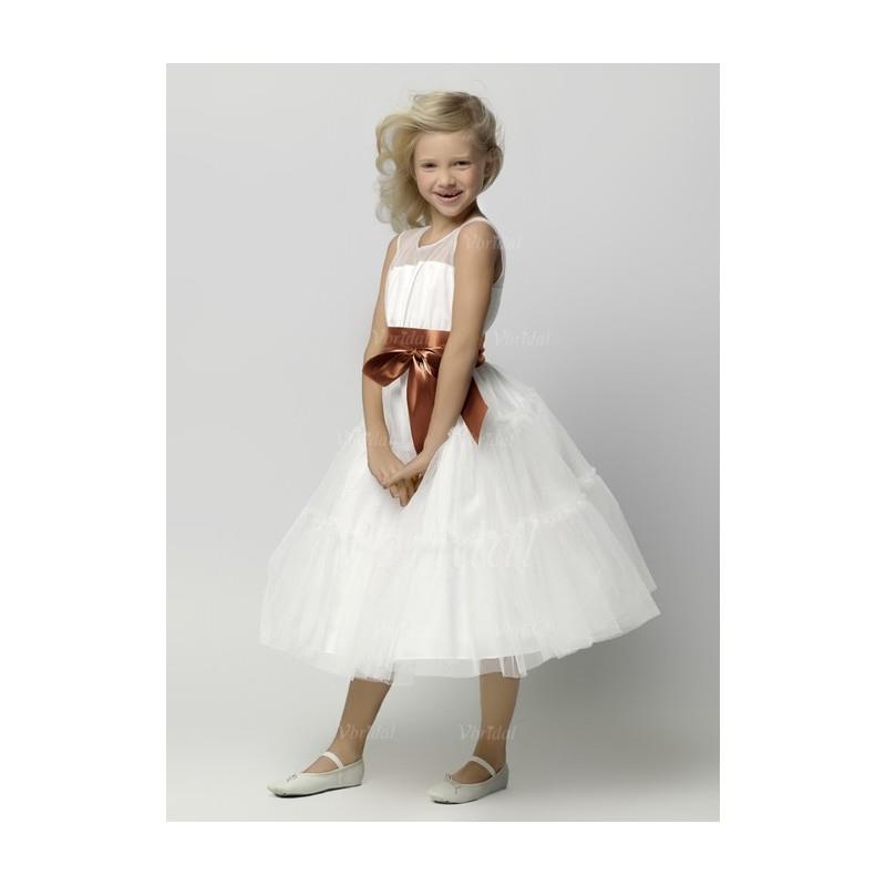 My Stuff, A-Line/Princess Scoop Neck Tea-Length Satin Tulle Flower Girl Dress With Sash - Beautiful