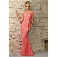 Coral Engrossing V Neck Lace Long Sheath Gown With Ribbon Trim Keyhole - dressosity.com