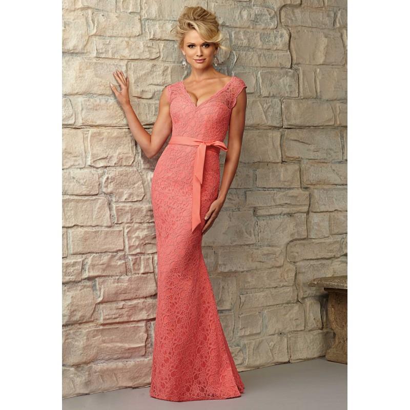 My Stuff, Coral Engrossing V Neck Lace Long Sheath Gown With Ribbon Trim Keyhole - dressosity.com