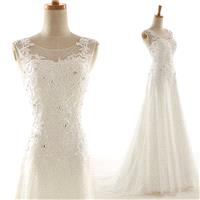 50shouse_Illusion neckline lace retro feel tulle wedding dress with sash_ custom make - Hand-made Be