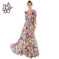 2017 spring summer tropical flower print sexy v neck Bell sleeve drape dress women - Bonny YZOZO Bou