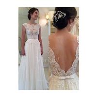 A-Line/Princess Scoop Neck Sweep Train Chiffon Lace Wedding Dress With Appliques Lace - Beautiful Sp
