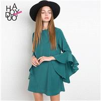 2017 summer New Women's fashion sweet loose solid color Flare Sleeves Round neck dress - Bonny YZOZO