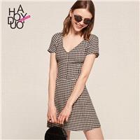 2017 summer new ladies fashion simple sexy V-neck plaid Short Sleeve A-line dress - Bonny YZOZO Bout