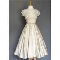Champagne Silk Dupion Ivory Lace Sweetheart Tea Length Circle Skirt Wedding Dress - Made by Dig For