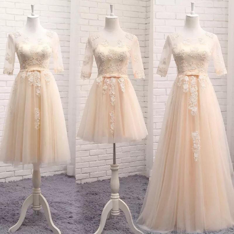 wedding, Wedding Bridesmaid lace satin organza Champaign / Grey / light pink dress - 3 different len