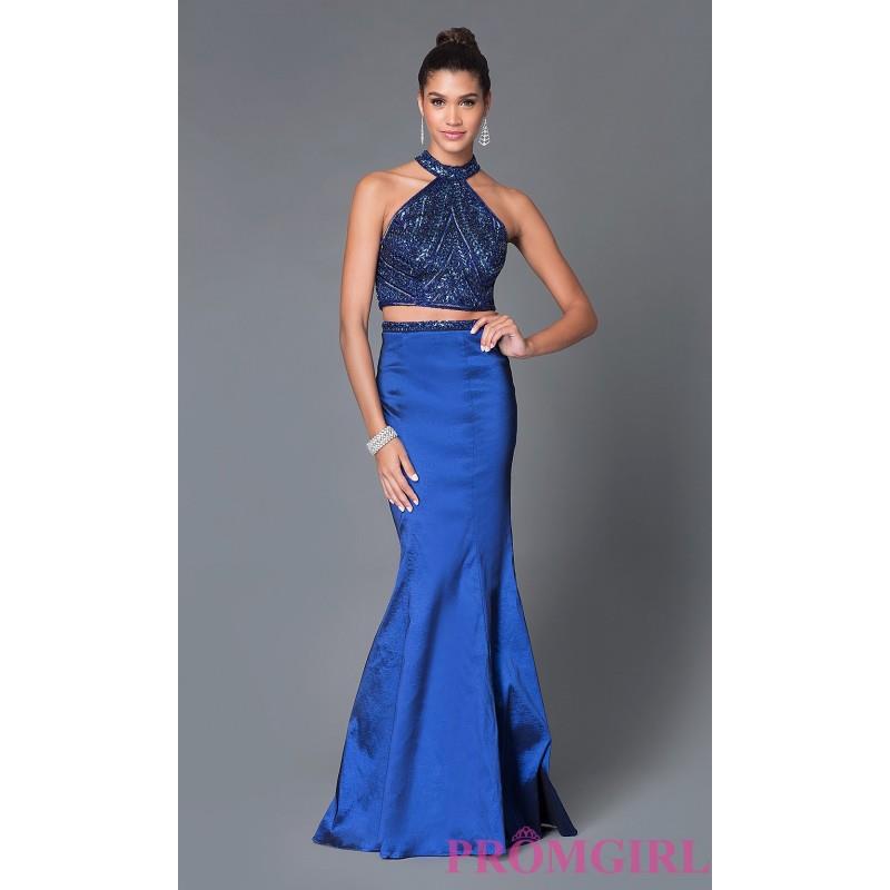 My Stuff, Navy Two Piece Beaded Halter Long Prom Dress - Brand Prom Dresses|Beaded Evening Dresses|U