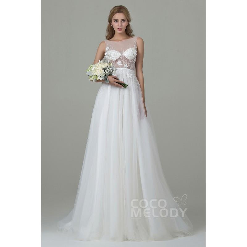 My Stuff, Graceful Sheath-Column Illusion Natural Court Train Tulle Ivory Sleeveless Zipper Wedding