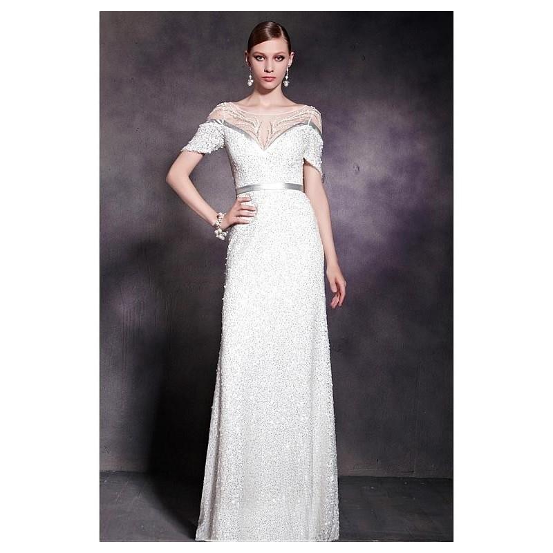 My Stuff, In Stock Charming Satin & Transparent Net & Beaded Tulle Bateau Neck Sheath Long Prom Dres