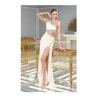 Fashionable One Shoulder Long Sleeve Ivory Crystal Beach Chiffon Gown - dressosity.com