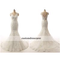 Elegant Cap Sleeve Sweep Train Handmade Lace Wedding Dress Sexy V-Back Ivory Bridal Gowns - Hand-mad