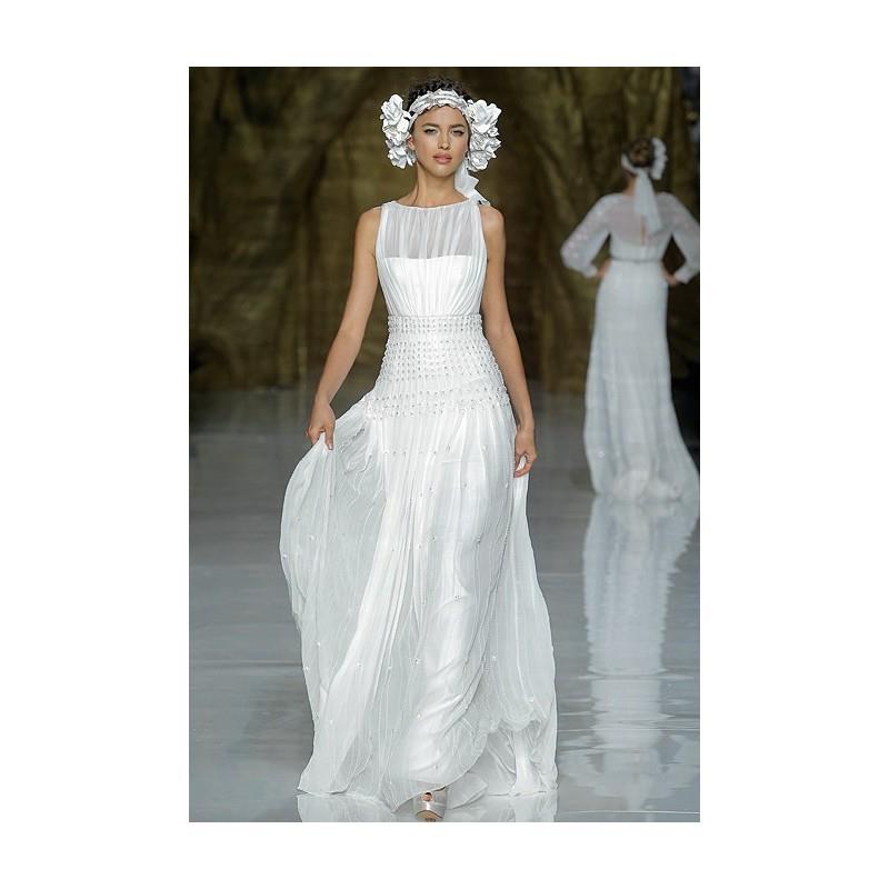 My Stuff, Pronovias - Spring 2014 - Yanimar Sleeveless Silk A-Line Wedding Dress with Sheer Neckline