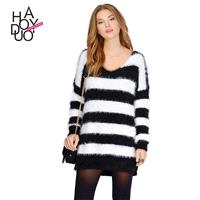 2017 winter women new fashion v neck contrast color striped knit long women's sweater - Bonny YZOZO