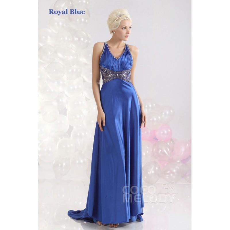 My Stuff, Lovely Sheath-Column V-Neck Sweep-Brush Train Elastic Satin Sodalite Blue Evening Dress CO