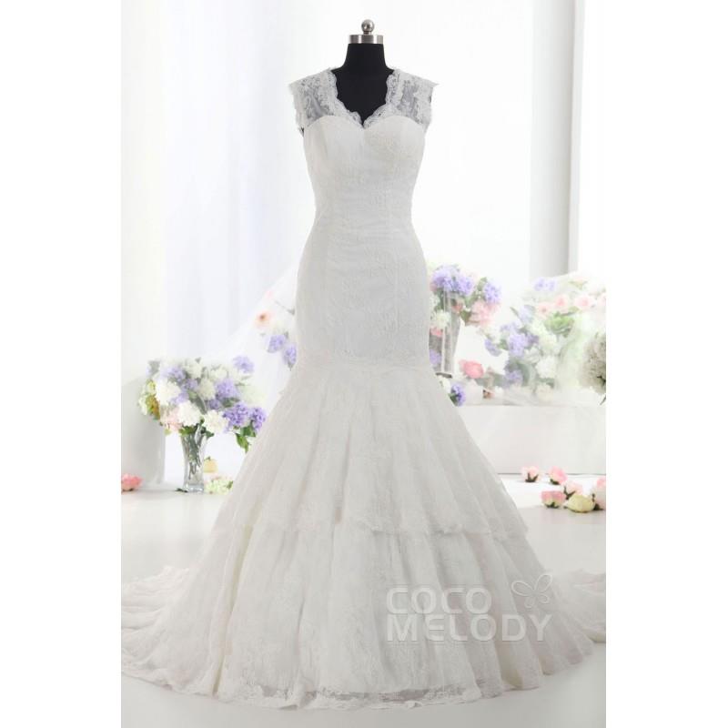 My Stuff, Fantastic Trumpet-Mermaid V-Neck Dropped Train Lace Ivory Sleeveless Key Hole Wedding Dres