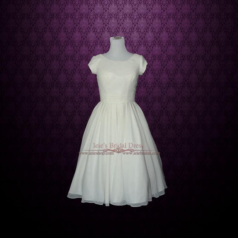 My Stuff, Victorian Modest Chiffon Tea Length Lolita Wedding Dress with Short Sleeves | Short Weddin