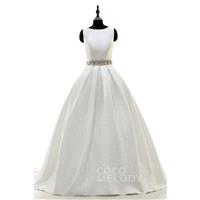 Luxurious A-Line Bateau Train Satin Ivory Side Zipper Wedding Dress with Beading and Sashes - Top De
