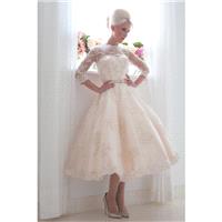 Mooshki Frances by House of Mooshki - Ivory  Champagne Lace  Tulle Belt  V-Back Tea High A-Line Wedd