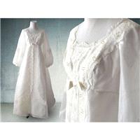 1960s Boho Wedding Gown White Organza and Lace with Pearls and Long Sleeves - Hand-made Beautiful Dr
